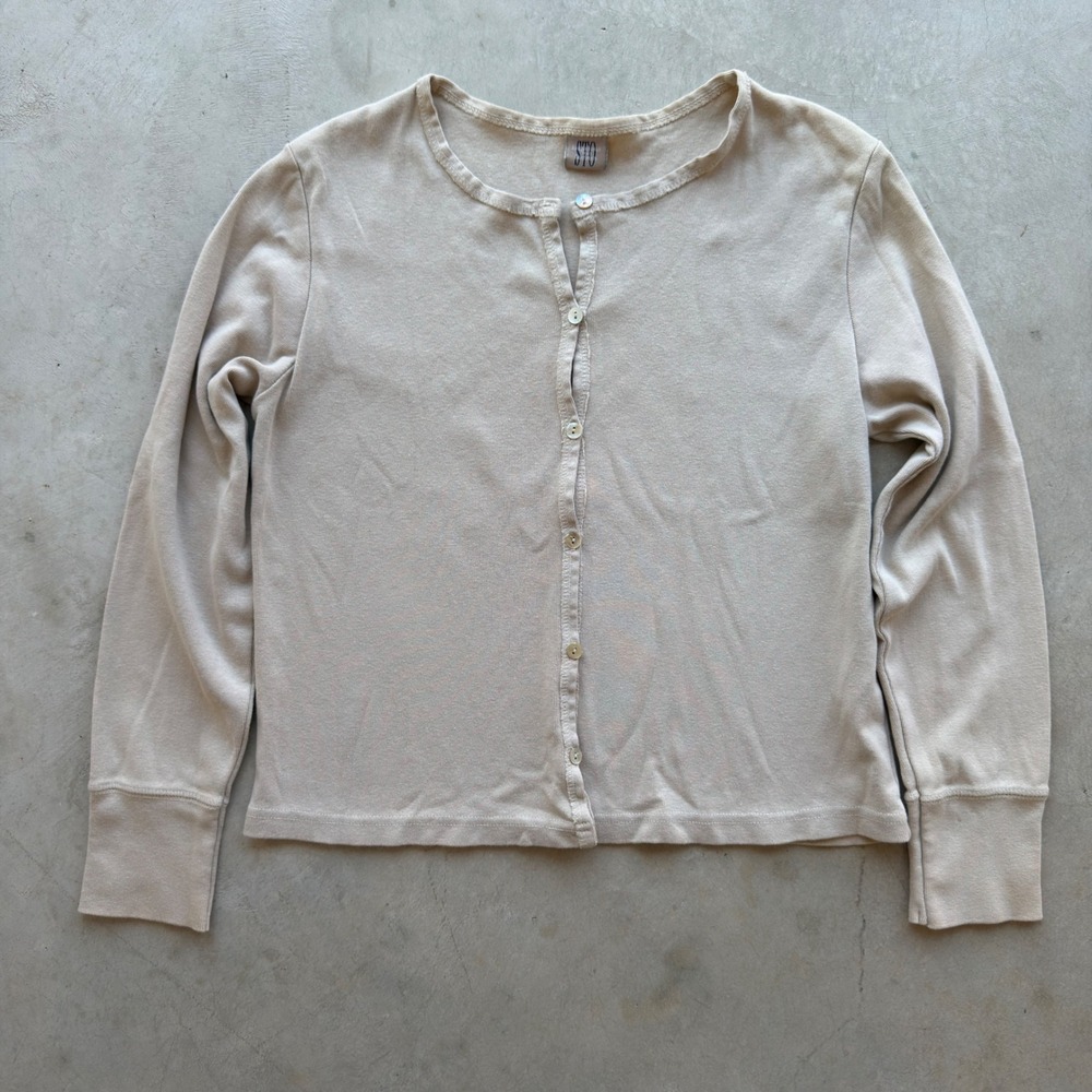 STO Cardigan Sweater Womens Beige Tan Button Front Long Sleeve Knit Top